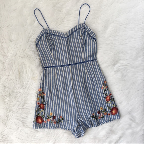 Lush Dresses & Skirts - Lush Blue Striped Floral Embroidered Romper NWT